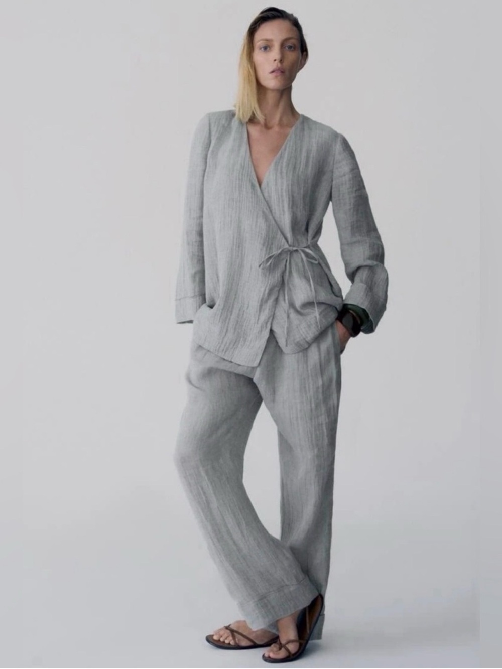 Zara 100% Linen Kimono Set Green Color Small Size